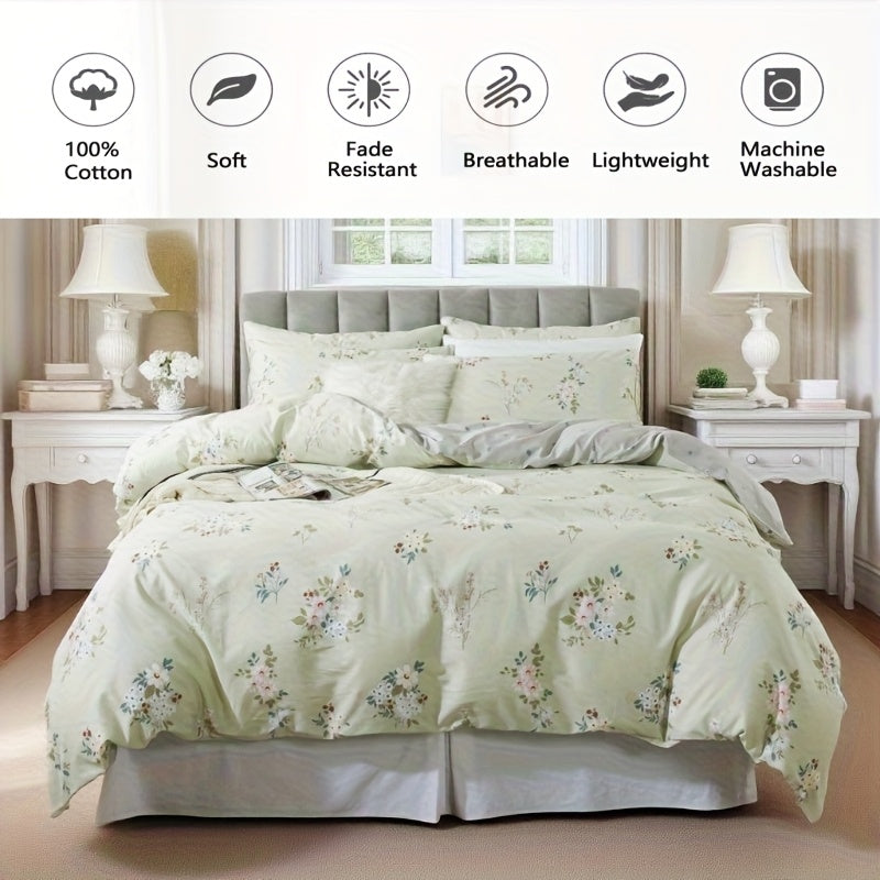 Elegant Floral Print Duvet Cover Set 3pcs, 100% Cotton Breathable All-Season Bedding With Zipper Closure, Machine Washable, Includes 1 Duvet Cover And 2 Pillowcases (No Insert)