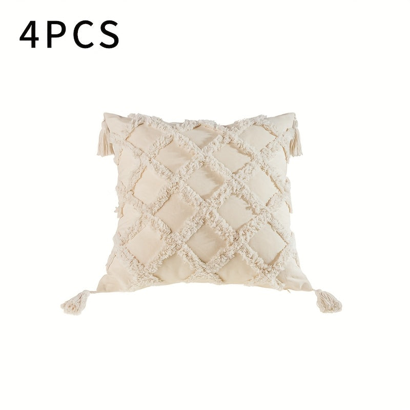 Beige Throw Pillow Covers 18×18 Inch, Set of 4 Boho Decorative Pillow Case, Farmhouse Cushion Cover with Tassels, Home Decor for Bedroom, Living Room, Sofa, Couch, Office, Hotel, RV, No Insert
