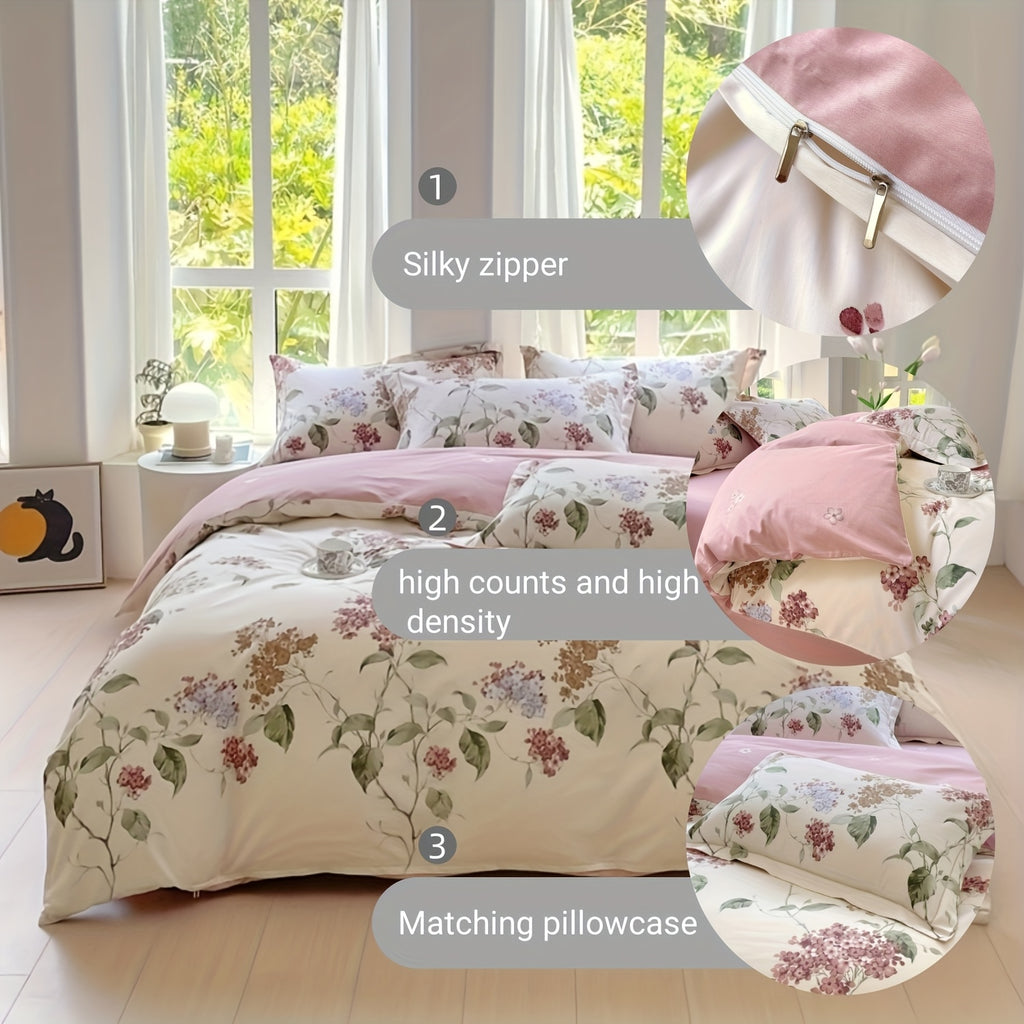 Elegant Floral Print Duvet Cover Set 3pcs, 100% Cotton Breathable All-Season Bedding With Zipper Closure, Machine Washable, Includes 1 Duvet Cover And 2 Pillowcases (No Insert)