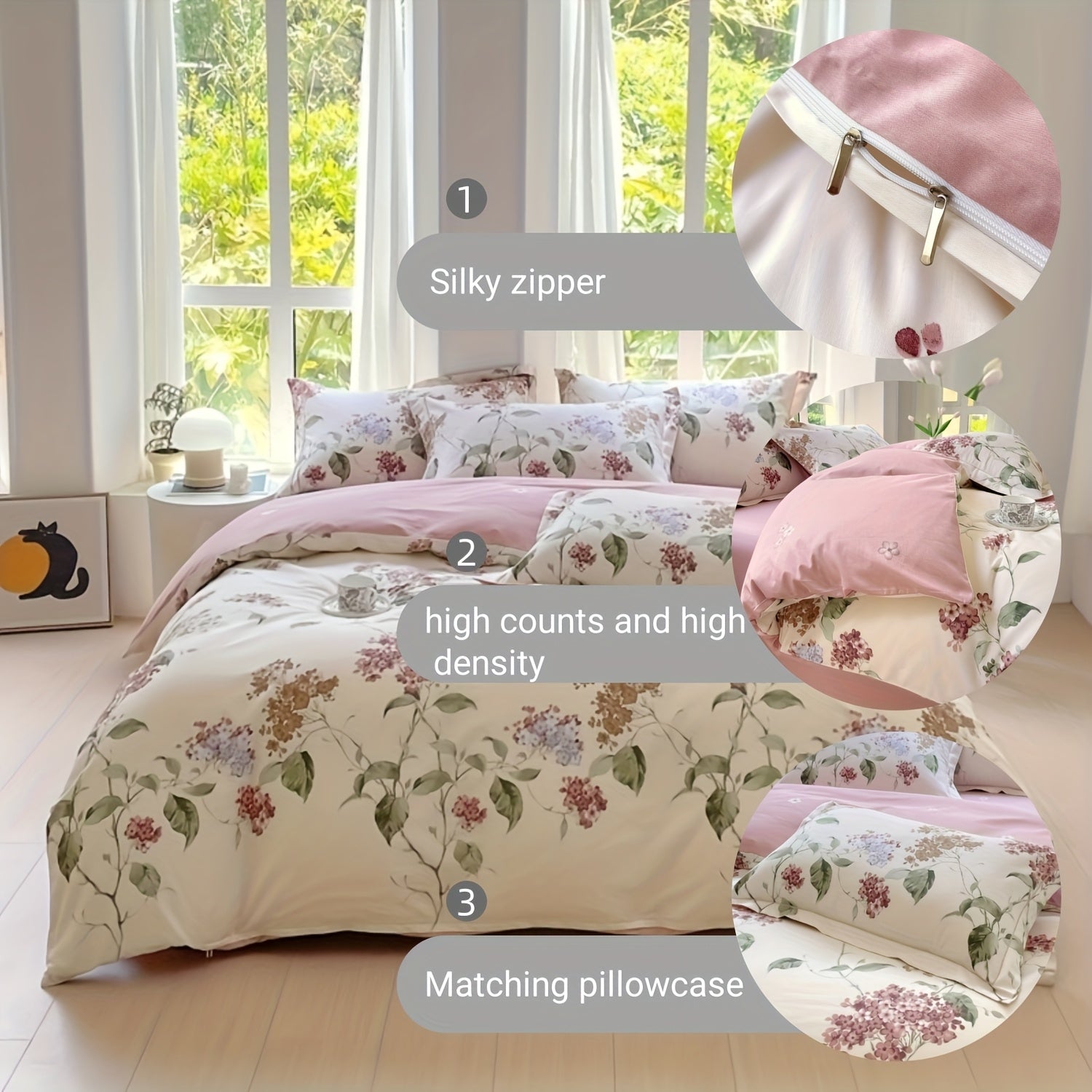 Elegant Floral Print Duvet Cover Set 3pcs, 100% Cotton Breathable All-Season Bedding With Zipper Closure, Machine Washable, Includes 1 Duvet Cover And 2 Pillowcases (No Insert)