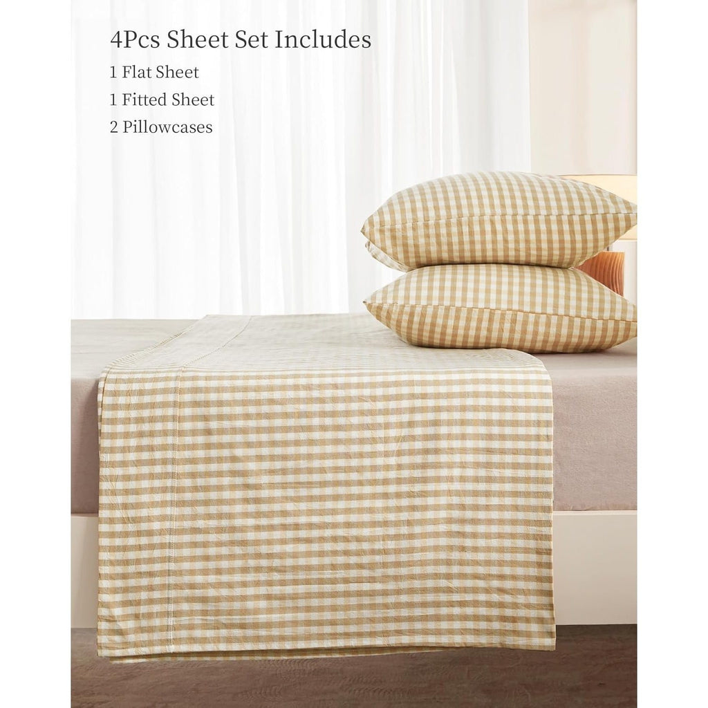 4-Piece Gingham, Fitted Sheet Set ( 1*Deep Pocket Flat Sheet + 1* Fitted Sheet + 2*Pillowcases, Without Core) - 100% Washed Cotton, Ultra-Soft .Machine Washable,Breathable, Comfortable, For Bedroom, Guest Room