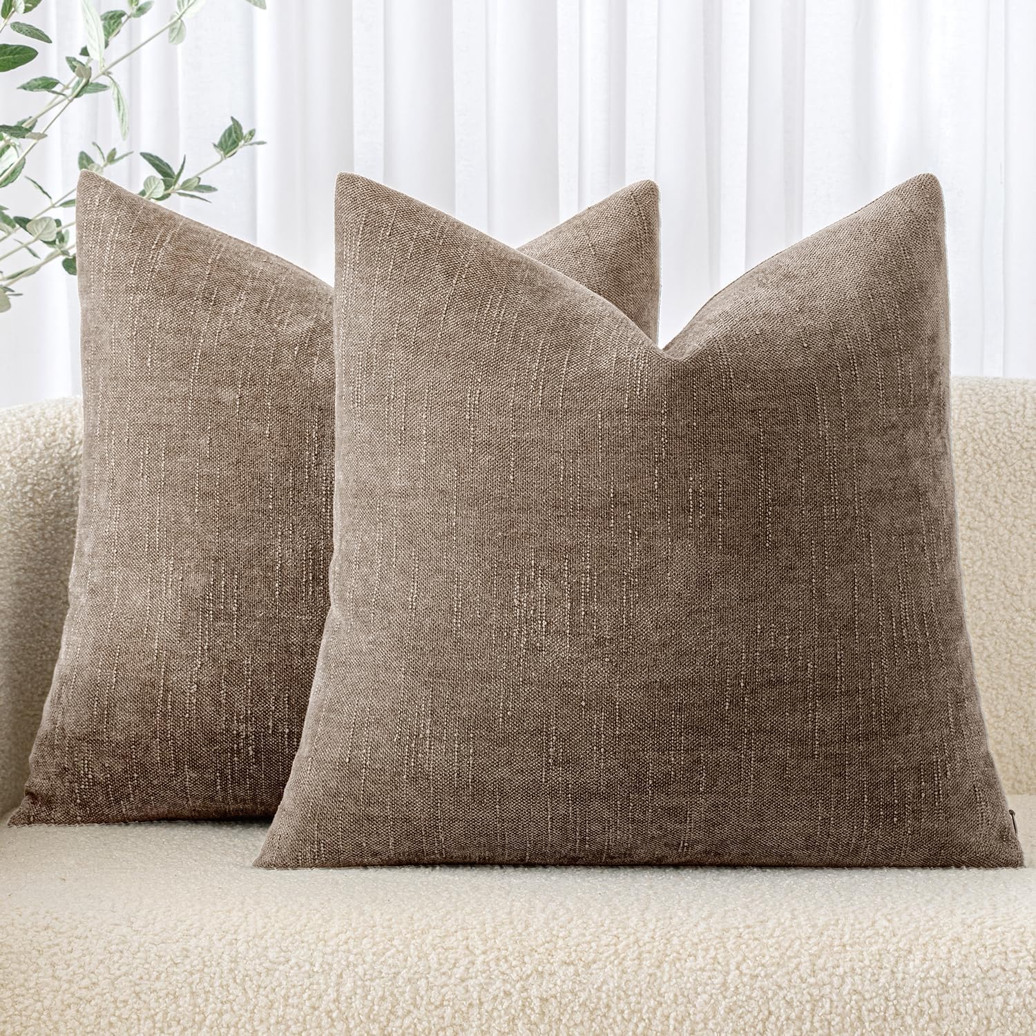 Set of 2 Decorative Pillow Covers Made from Soft Chenille, Featuring a Solid Neutral Color. These Textured Cushion Covers Are Perfect for Enhancing The Decor of Your Couch, Sofa, Bedroom, Or Living Room, Measuring 18X18 Inches