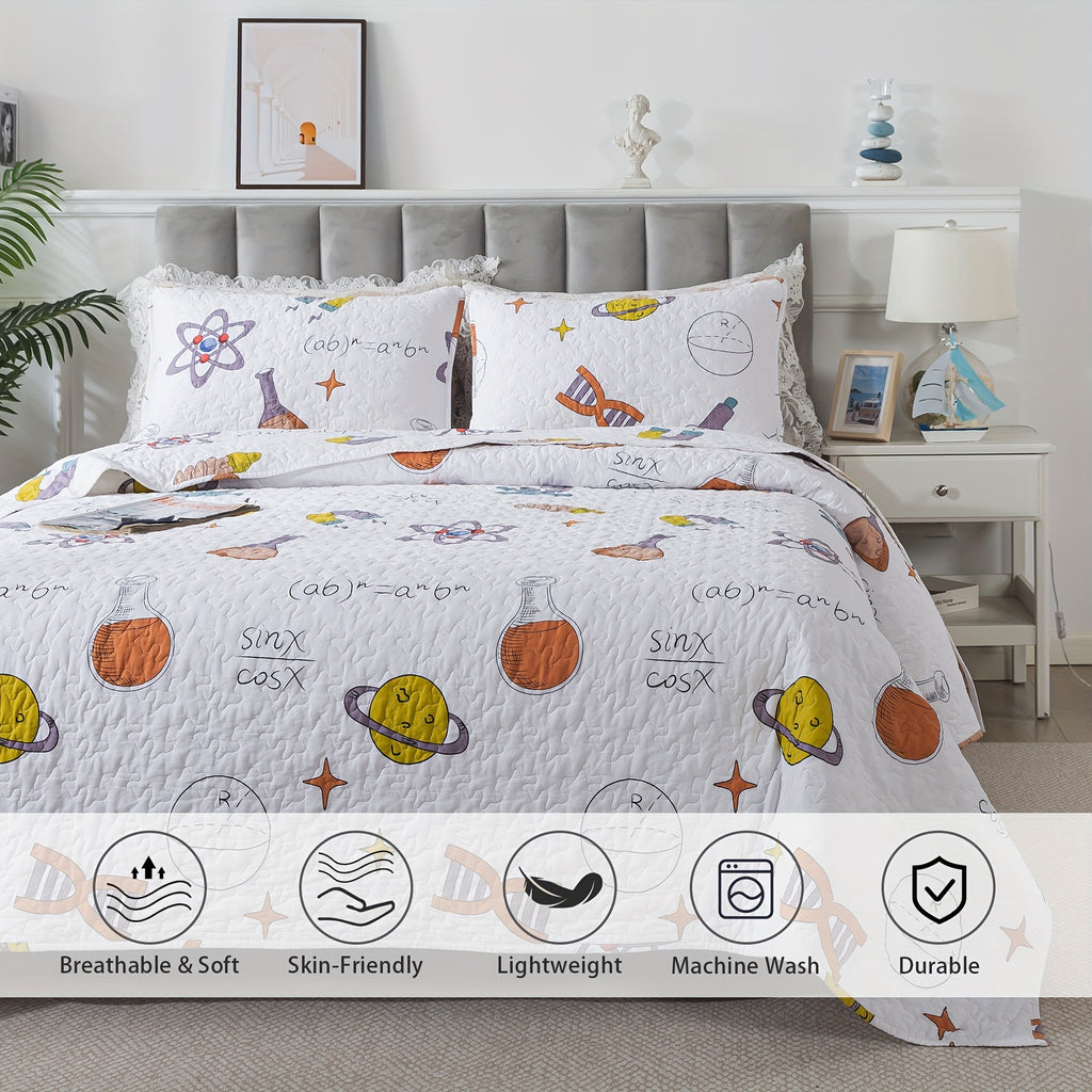 2\u002F3pcs 100% Cotton Popular Science Theme White Quilt Set, Science Symbol Maths Formula Print Modern Summer Bedspread Set, Soft Breathable Lightweight Neutral Coverlet Bedding Sets, for All Season, Twin Queen King, (Twin Is 2pcs)
