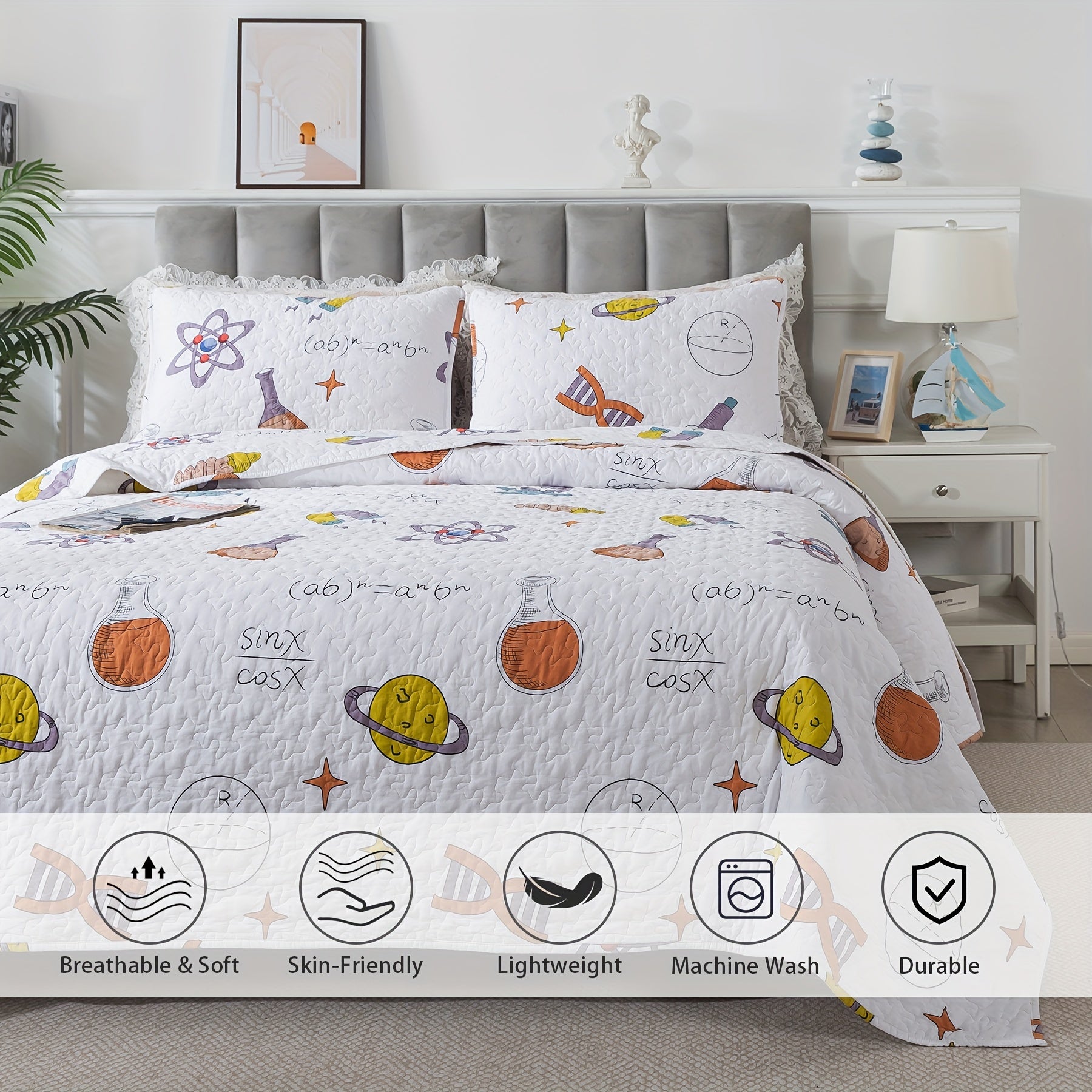 2\u002F3pcs 100% Cotton Popular Science Theme White Quilt Set, Science Symbol Maths Formula Print Modern Summer Bedspread Set, Soft Breathable Lightweight Neutral Coverlet Bedding Sets, for All Season, Twin Queen King, (Twin Is 2pcs)
