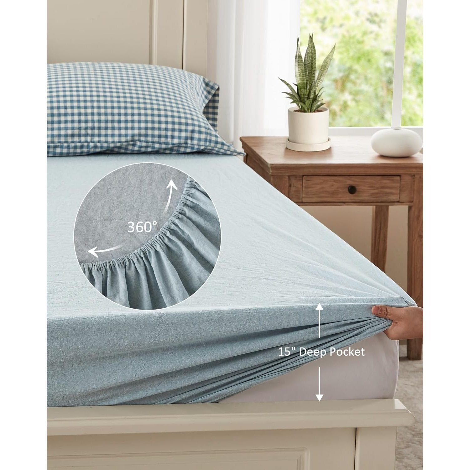 4-Piece Gingham, Fitted Sheet Set ( 1*Deep Pocket Flat Sheet + 1* Fitted Sheet + 2*Pillowcases, Without Core) - 100% Washed Cotton, Ultra-Soft .Machine Washable,Breathable, Comfortable, For Bedroom, Guest Room