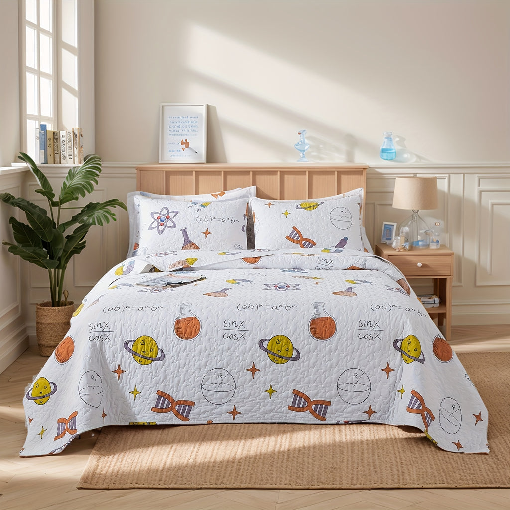 2\u002F3pcs 100% Cotton Popular Science Theme White Quilt Set, Science Symbol Maths Formula Print Modern Summer Bedspread Set, Soft Breathable Lightweight Neutral Coverlet Bedding Sets, for All Season, Twin Queen King, (Twin Is 2pcs)