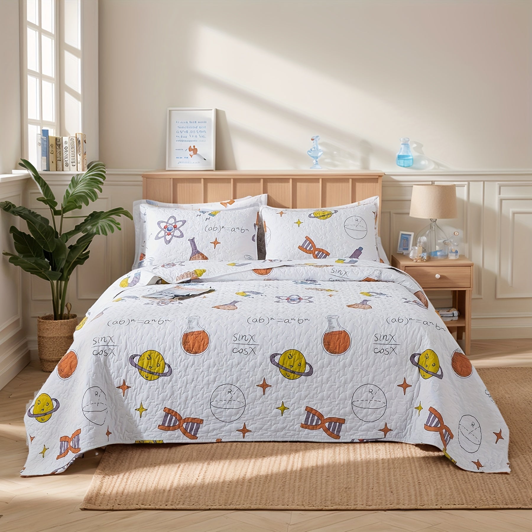 2\u002F3pcs 100% Cotton Popular Science Theme White Quilt Set, Science Symbol Maths Formula Print Modern Summer Bedspread Set, Soft Breathable Lightweight Neutral Coverlet Bedding Sets, for All Season, Twin Queen King, (Twin Is 2pcs)