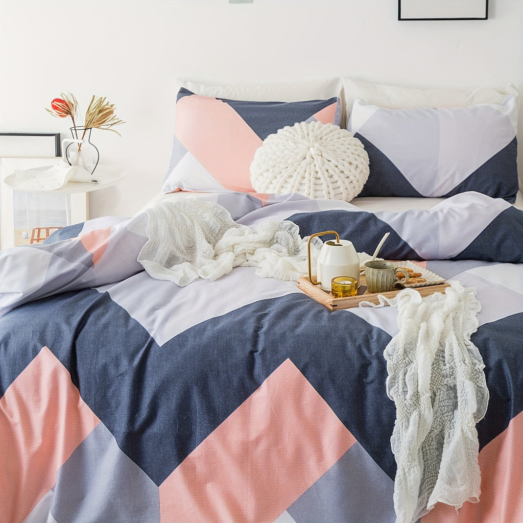 Blue Pink Duvet Cover 100% Cotton Neutral Striped Duvet Cover 3pcs Set 1 Navy Blue Chevron Patterned Duvet Cover with Zipper Ties 2 Pillowcase Grey Geometric Bedding Set Soft