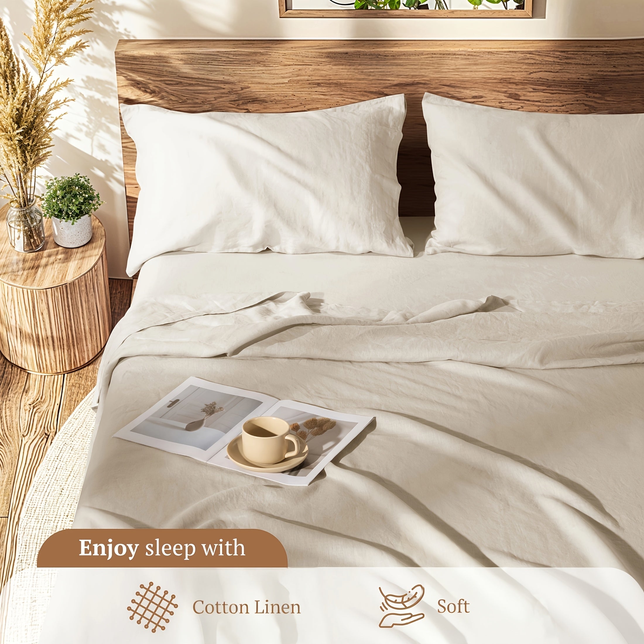 Cotton Linen Bed Sheets Set, Bed Sheets 4pcs Set, Solid Color Natural Flax Cotton Blend Soft Breathable Bedding, 16 Inches Deep Pocket, All Season