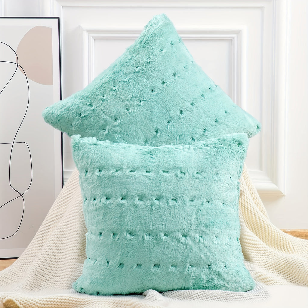 2pcs Stitching Jacquard Plush Fuzzy Faux Fur Throw Pillow Covers Set with Velvet Backing (NO INSERT) with Velvet Backing, Soft Decorative Square Cushion Cover Case for Couch Bed Chair Sofa