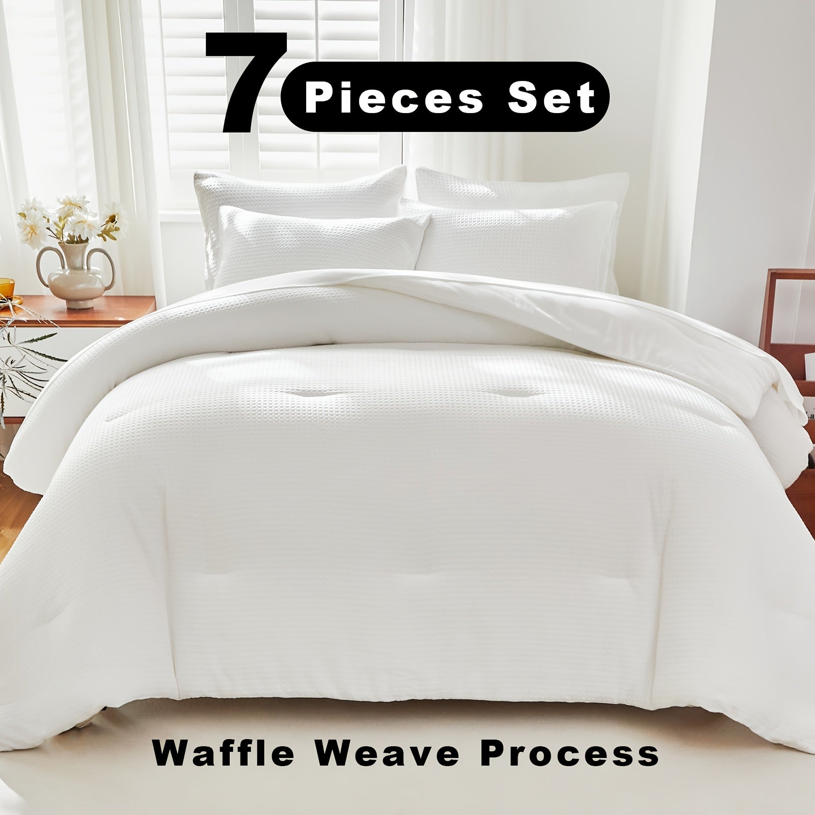 This Luxurious 7pcs Bedding Features a Waffle Grid Design in a Solid Color, Including a Flat Sheet, a Comforter, a Fitted Sheet, And Four Pillowcases (Pillow Inserts Not Included). It Is a Down Alternative Quilt Suitable for All Seasons
