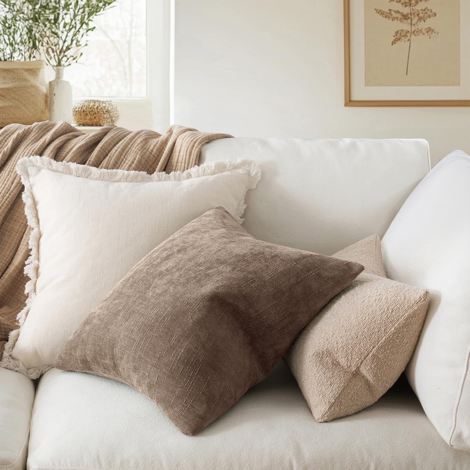 Set of 2 Decorative Pillow Covers Made from Soft Chenille, Featuring a Solid Neutral Color. These Textured Cushion Covers Are Perfect for Enhancing The Decor of Your Couch, Sofa, Bedroom, Or Living Room, Measuring 18X18 Inches