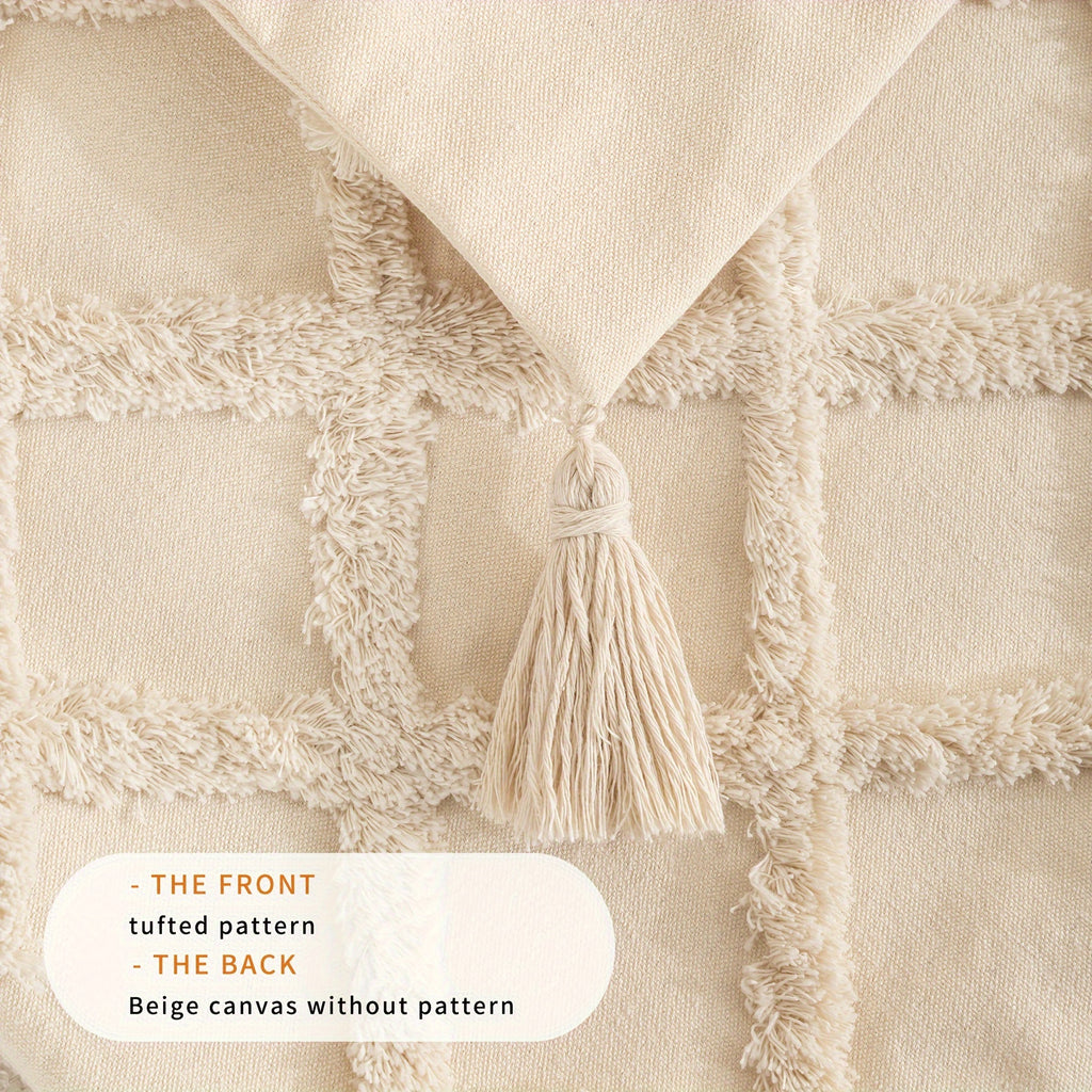 Beige Throw Pillow Covers 18×18 Inch, Set of 4 Boho Decorative Pillow Case, Farmhouse Cushion Cover with Tassels, Home Decor for Bedroom, Living Room, Sofa, Couch, Office, Hotel, RV, No Insert