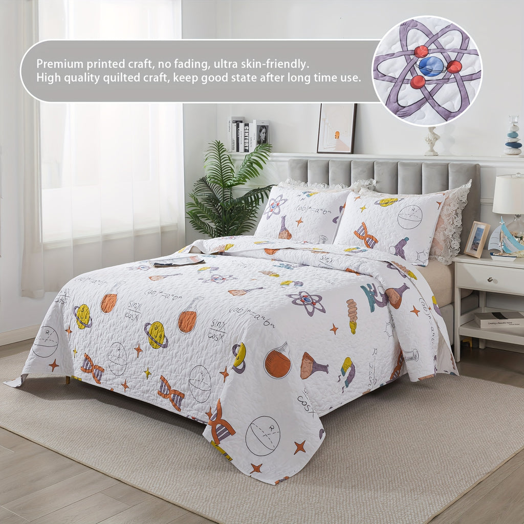 2\u002F3pcs 100% Cotton Popular Science Theme White Quilt Set, Science Symbol Maths Formula Print Modern Summer Bedspread Set, Soft Breathable Lightweight Neutral Coverlet Bedding Sets, for All Season, Twin Queen King, (Twin Is 2pcs)