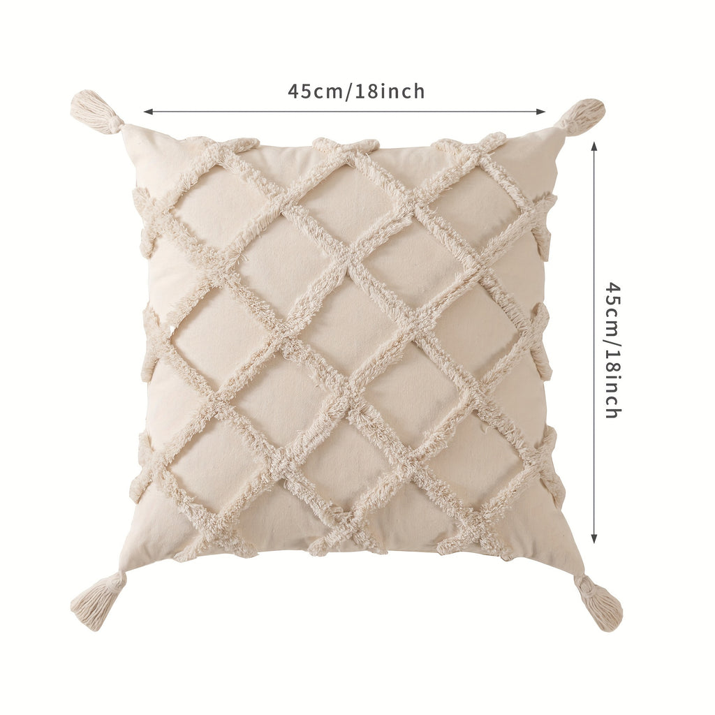 Beige Throw Pillow Covers 18×18 Inch, Set of 4 Boho Decorative Pillow Case, Farmhouse Cushion Cover with Tassels, Home Decor for Bedroom, Living Room, Sofa, Couch, Office, Hotel, RV, No Insert