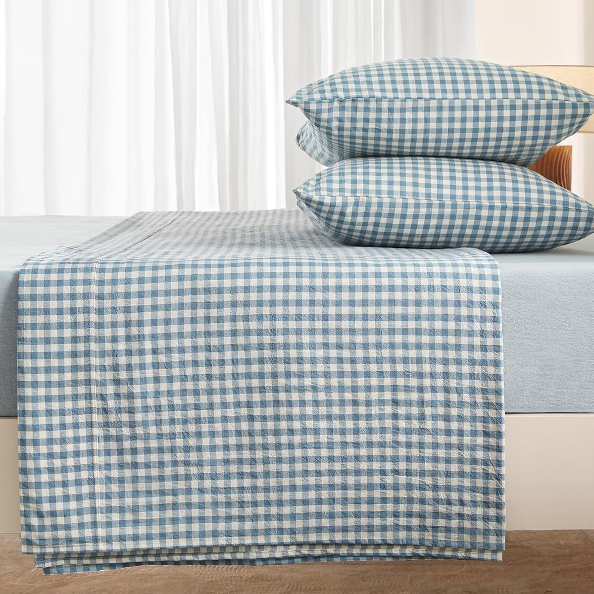 4-Piece Gingham, Fitted Sheet Set ( 1*Deep Pocket Flat Sheet + 1* Fitted Sheet + 2*Pillowcases, Without Core) - 100% Washed Cotton, Ultra-Soft .Machine Washable,Breathable, Comfortable, For Bedroom, Guest Room
